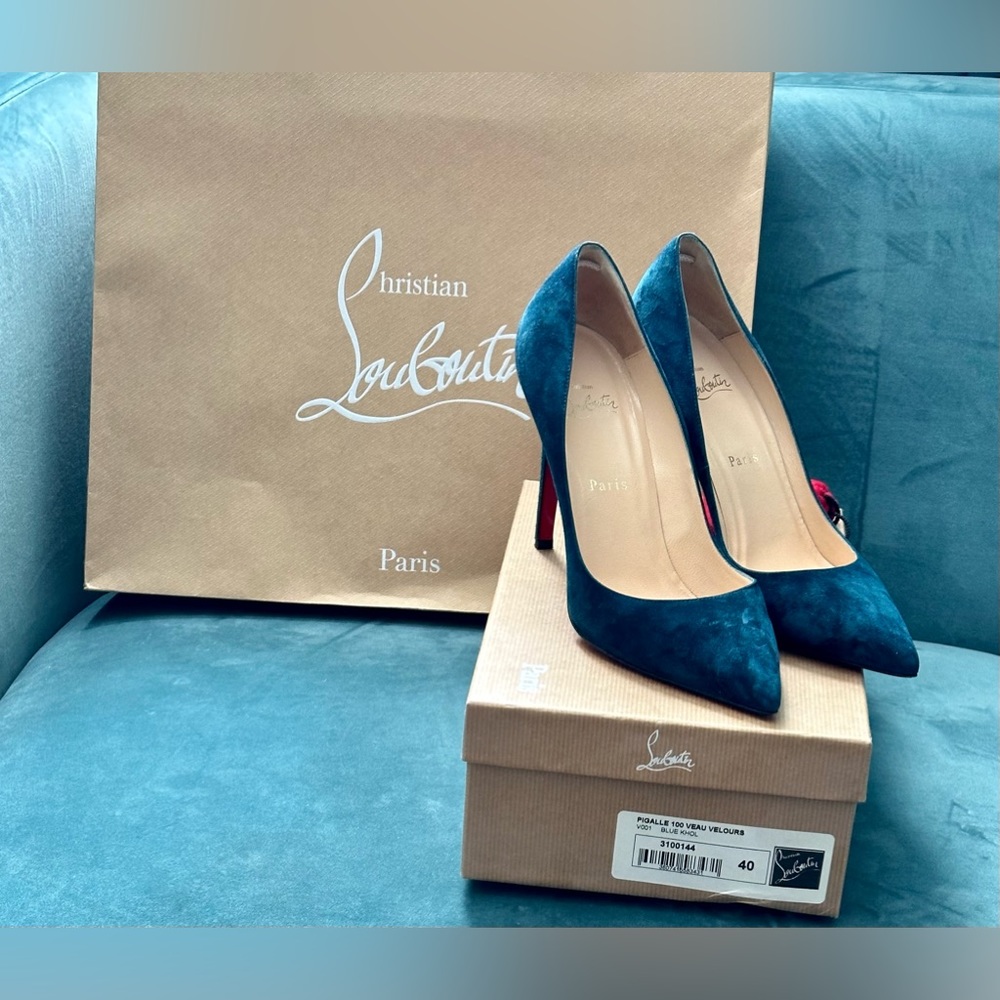 Christian Louboutin Pigalle 100 Veau Velours heels in rare Blue Kohl w/tips box - Picture 11 of 13